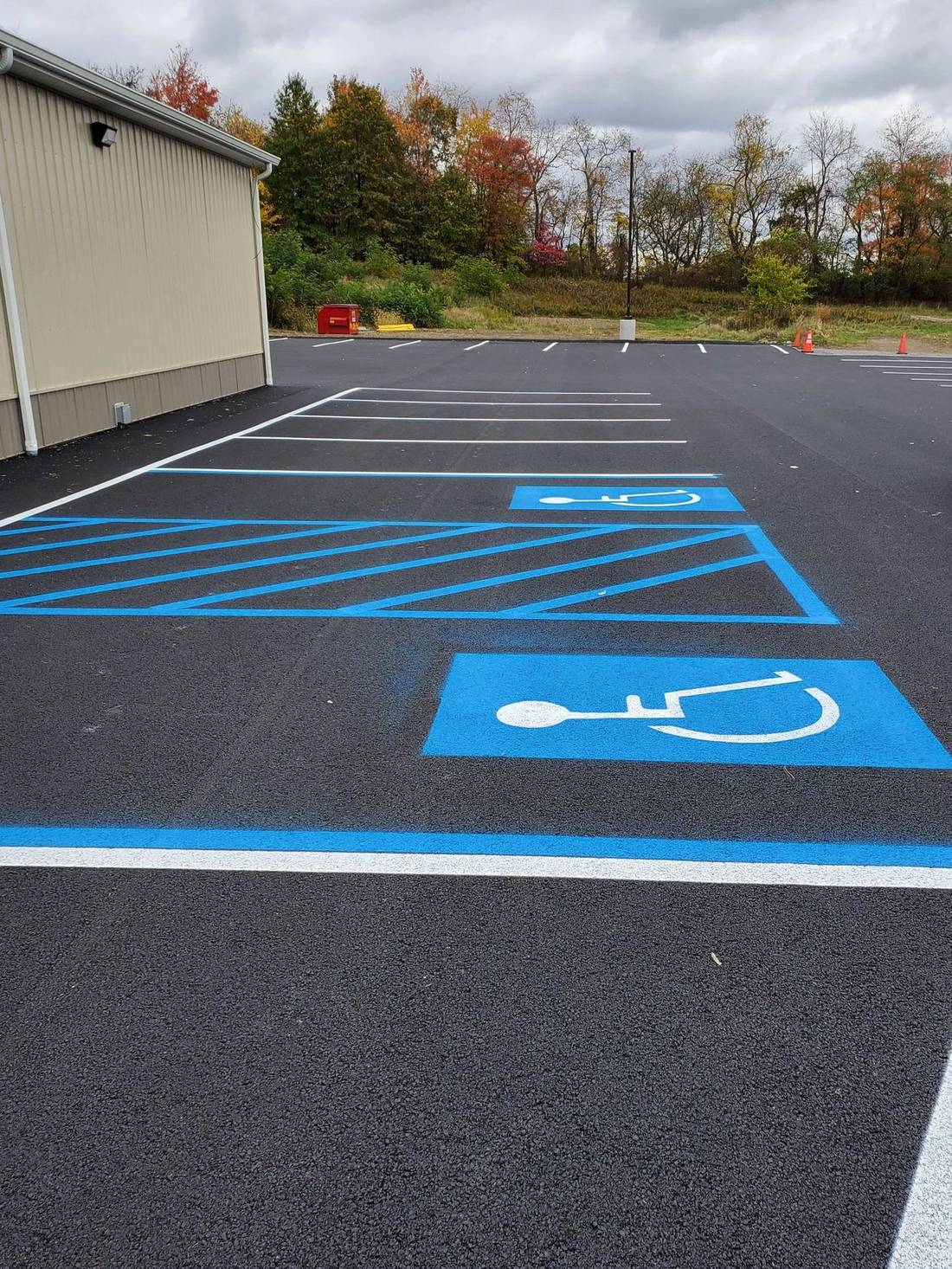 Blue ADA stalls and white symbols on an autumn lot